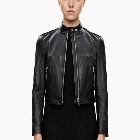 Theory | Bavewick Lamb Leather Stretch Crop Moto Jacket Black Size XS (Size P) - Picture 2 of 15